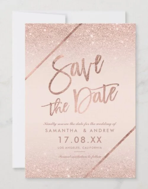Rose gold glitter script blush pink save the date