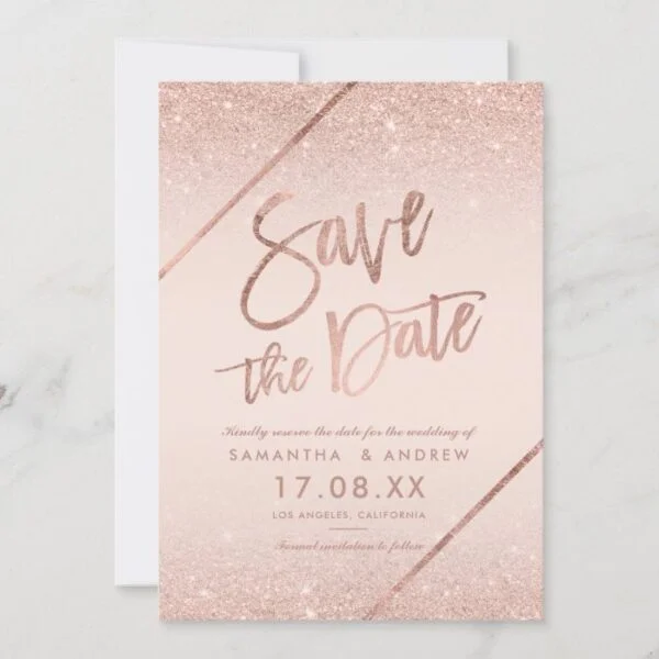 Rose gold glitter script blush pink save the date