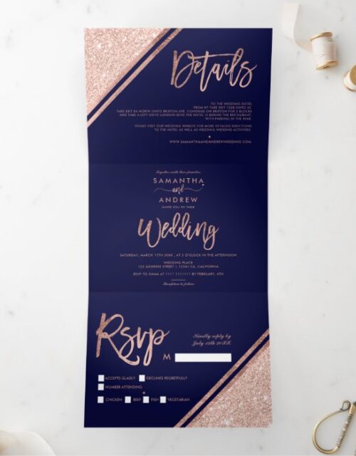 Rose gold glitter script border navy blue wedding Tri-Fold invitation