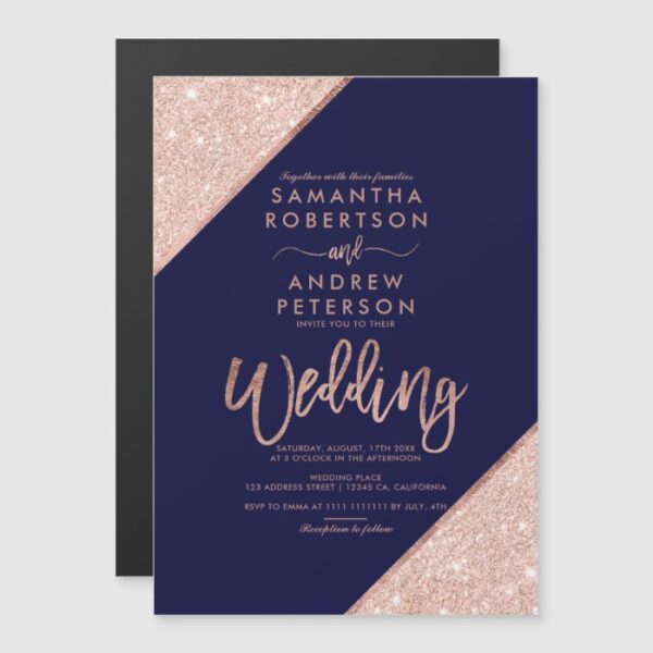 Rose gold glitter typography navy blue wedding