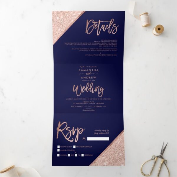 Rose gold glitter typography navy blue wedding Tri-Fold invitation