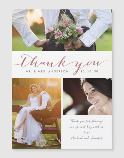 Rose Gold Hand Lettered 3 Photo Wedding Thank You