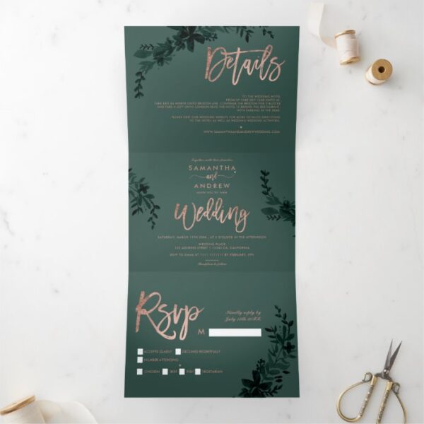 Rose gold script Floral green elegant wedding Tri-Fold Invitation