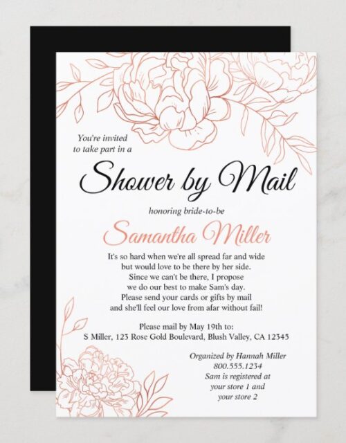 Rose Gold Sketched Flowers Bridal Shower by Mail Invitation