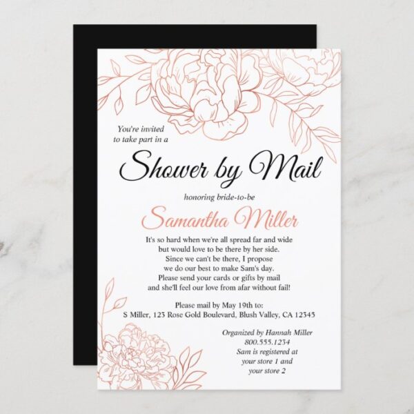 Rose Gold Sketched Flowers Bridal Shower by Mail Invitation