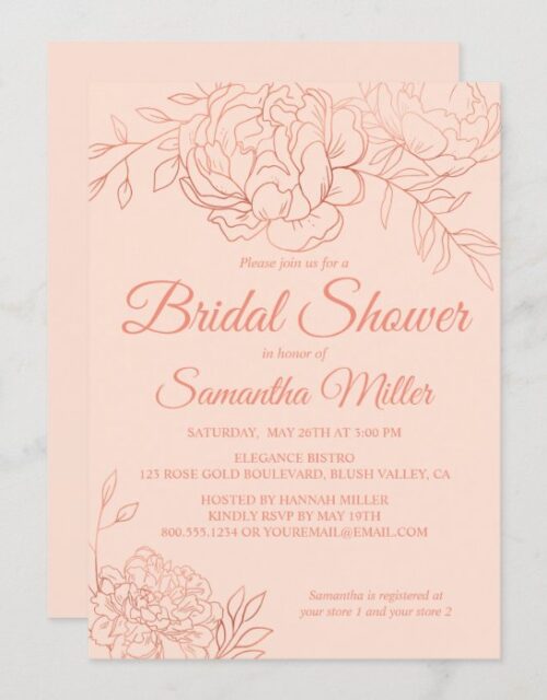 Rose Gold Sketched Flowers Bridal Shower Invitation