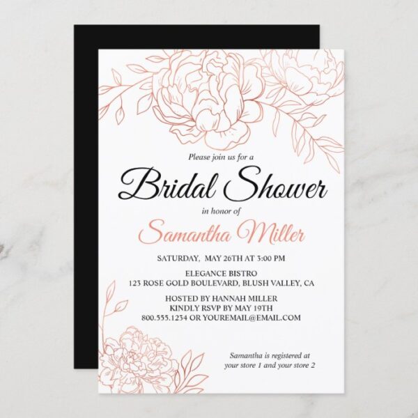Rose Gold Sketched Flowers Elegant Bridal Shower Invitation