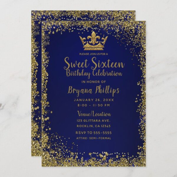 Royal Blue & Gold Glitter Crown Sweet 16 Party Invitation