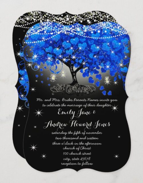 Royal Blue Heart Leaf Tree Mason Jar on Black Invitation
