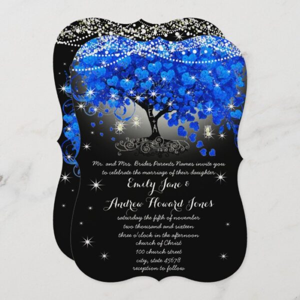 Royal Blue Heart Leaf Tree Mason Jar on Black Invitation