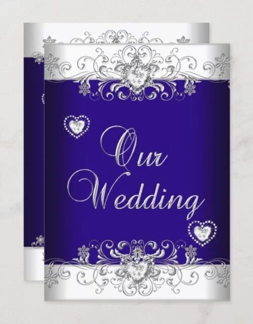 Royal Blue Wedding Silver Diamond Hearts 2 Invitation