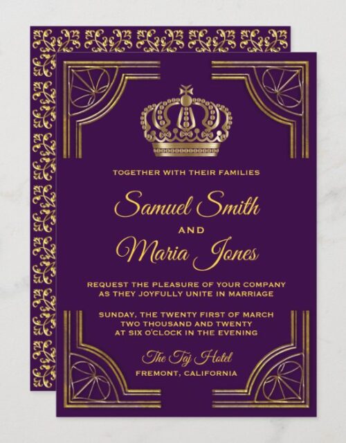 Royal Purple Gold Ornate Crown Wedding Invitation