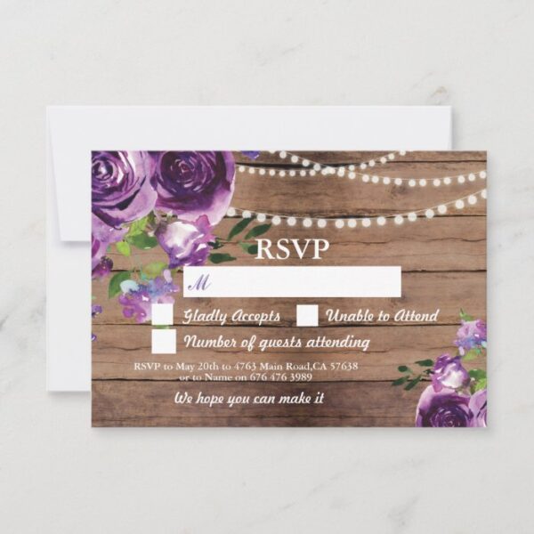 RSVP Wedding Wood Cards Purple Flowers Invites