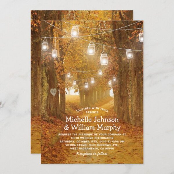 Rustic Autumn Leaves Mason Jar Lights Wedding Invitation