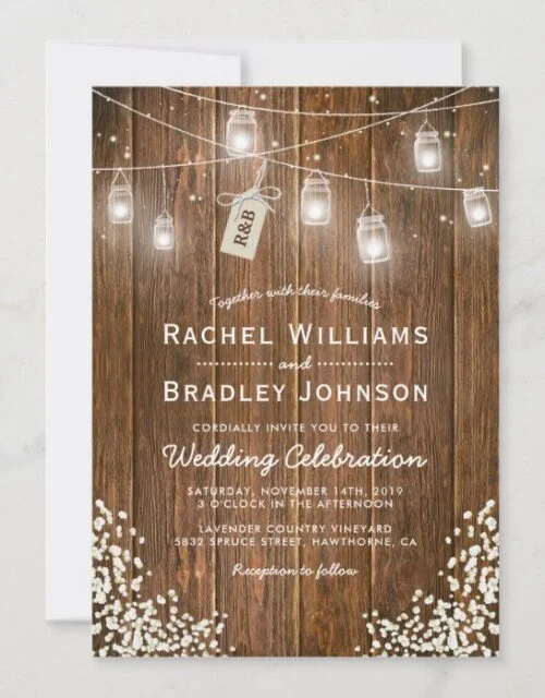 Rustic Babys Breath Jam Jar Winter Wedding Invitation