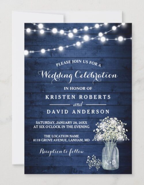 Rustic Baby's Breath Lights Navy Blue Wedding Invitation
