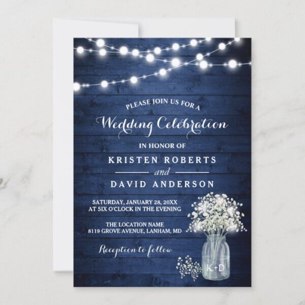 Rustic Baby's Breath Lights Navy Blue Wedding Invitation