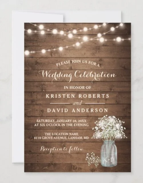 Rustic Baby's Breath Mason Jar Lights Wedding Invitation