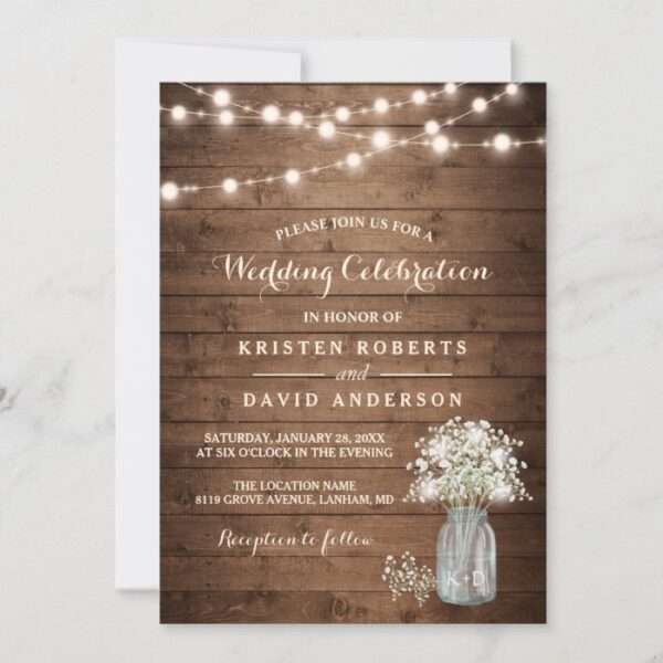 Rustic Baby's Breath Mason Jar Lights Wedding Invitation