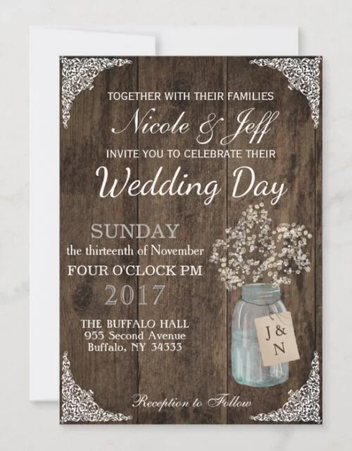 Rustic Barn Wedding Wood Mason Jar Babys Breath Invitation