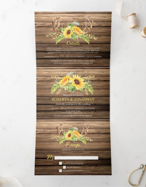 Rustic Barn Wood Sunflowers Antlers Wedding Tri-Fold Invitation