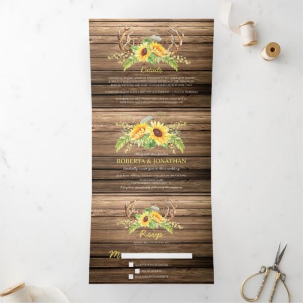 Rustic Barn Wood Sunflowers Antlers Wedding Tri-Fold Invitation
