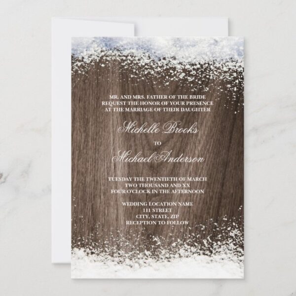 Rustic barnwood snow winter wedding invitation