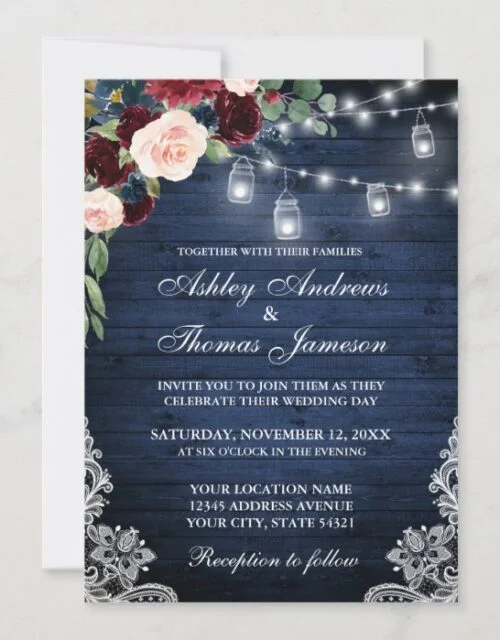 Rustic Blue Wood Jars Burgundy Blue Floral Wedding Invitation