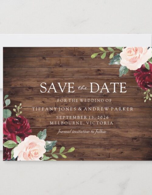 Rustic Blush: Burgundy Blush Floral Watercolor Save The Date