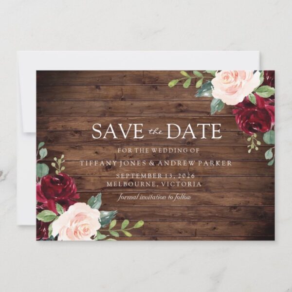 Rustic Blush: Burgundy Blush Floral Watercolor Save The Date