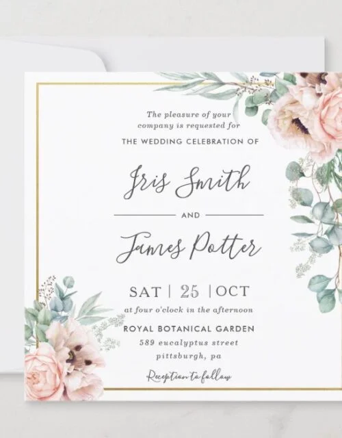 Rustic Blush Pink Floral Eucalyptus Gold Wedding Invitation