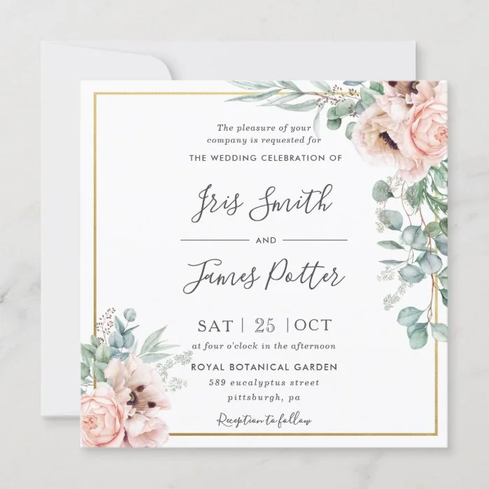 Rustic Blush Pink Floral Eucalyptus Gold Wedding Invitation