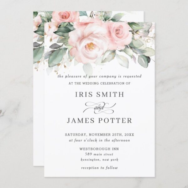 Rustic Blush Pink Floral Roses Greenery Wedding Invitation
