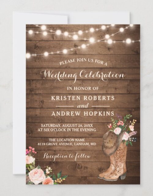 Rustic Boots Cowboy Cowgirl Floral Lights Wedding Invitation