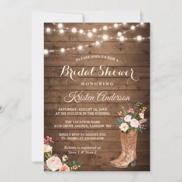 Rustic Boots Cowgirl Western Bridal Shower Invitation
