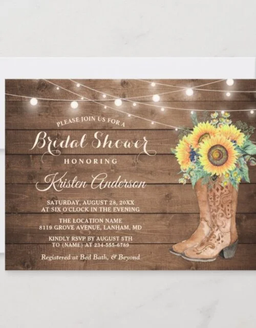 Rustic Boots String Lights Sunflower Bridal Shower Invitation