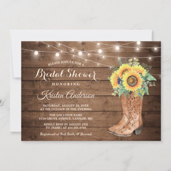 Rustic Boots String Lights Sunflower Bridal Shower Invitation