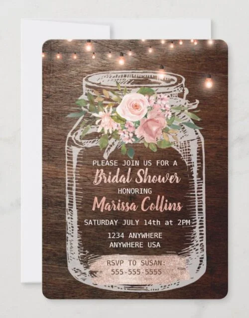 Rustic Bridal Shower, Mason Jar Lights Boho Floral Invitation