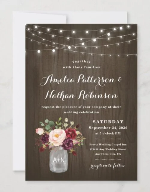 Rustic Burgundy Blush Floral Mason Jar Wedding Invitation