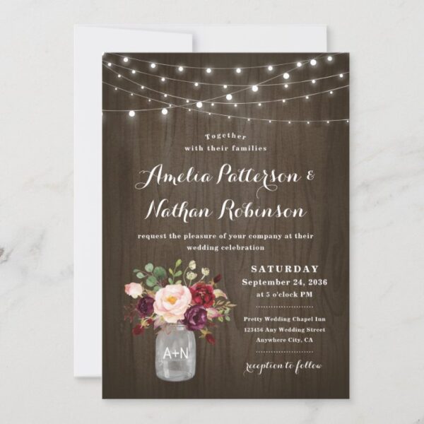 Rustic Burgundy Blush Floral Mason Jar Wedding Invitation