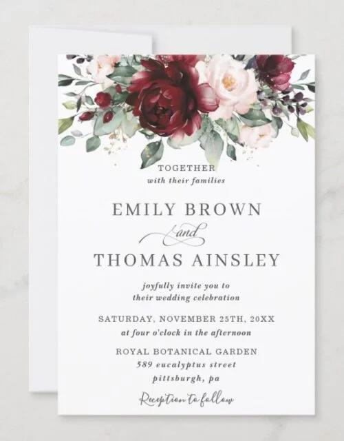 Rustic Burgundy Blush Pink Floral Greenery Wedding Invitation