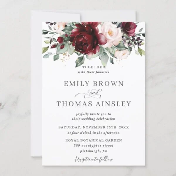 Rustic Burgundy Blush Pink Floral Greenery Wedding Invitation