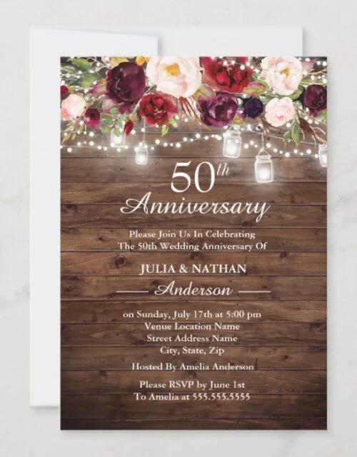 Rustic Burgundy Floral Lights 50th Anniversary Invitation