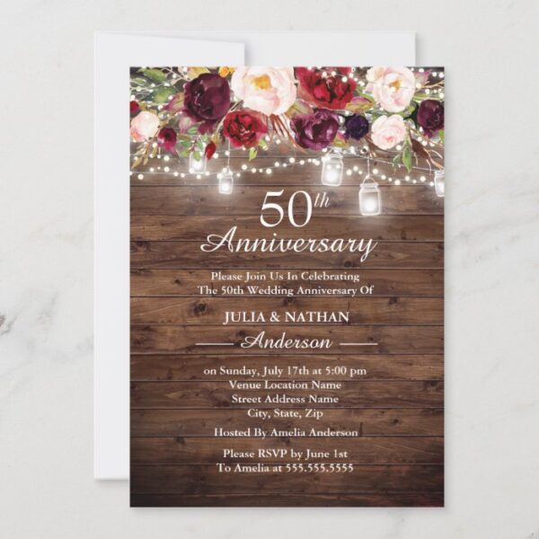 Rustic Burgundy Floral Lights 50th Anniversary Invitation