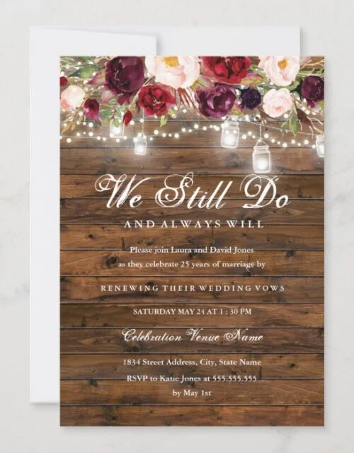 Rustic Burgundy Floral Lights Wedding Vow Renewal Invitation