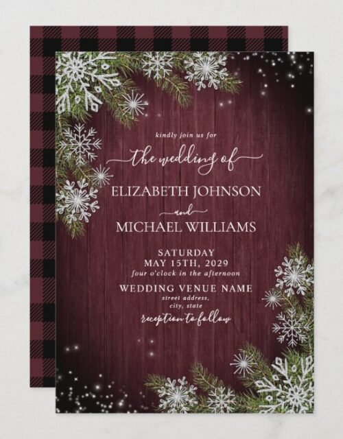 Rustic Burgundy Silver Winter Wood Plaid Wedding Invitation