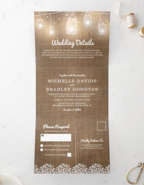 Rustic Burlap Baby's Breath Wedding Tri-Fold Invitation