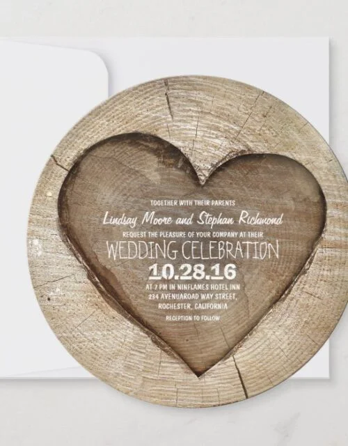 Rustic carved tree wood heart wedding invitation