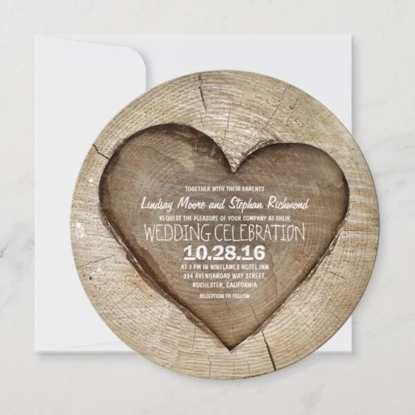 Rustic carved tree wood heart wedding invitation