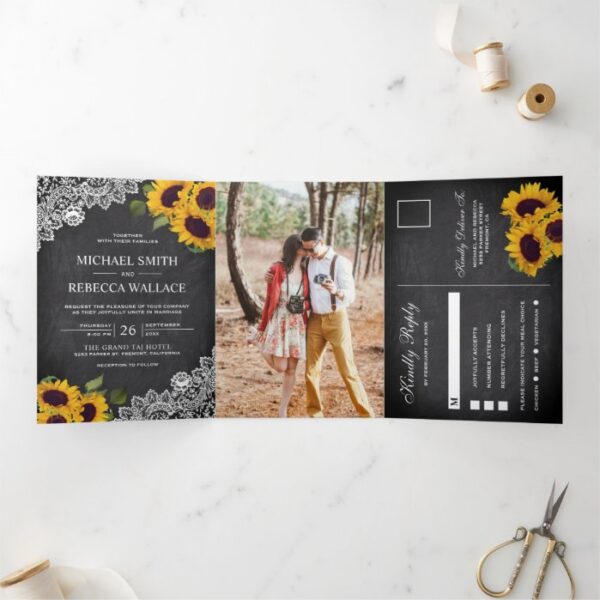 Rustic Chalkboard Lace Sunflower Wedding Photo Tri-Fold Invitation